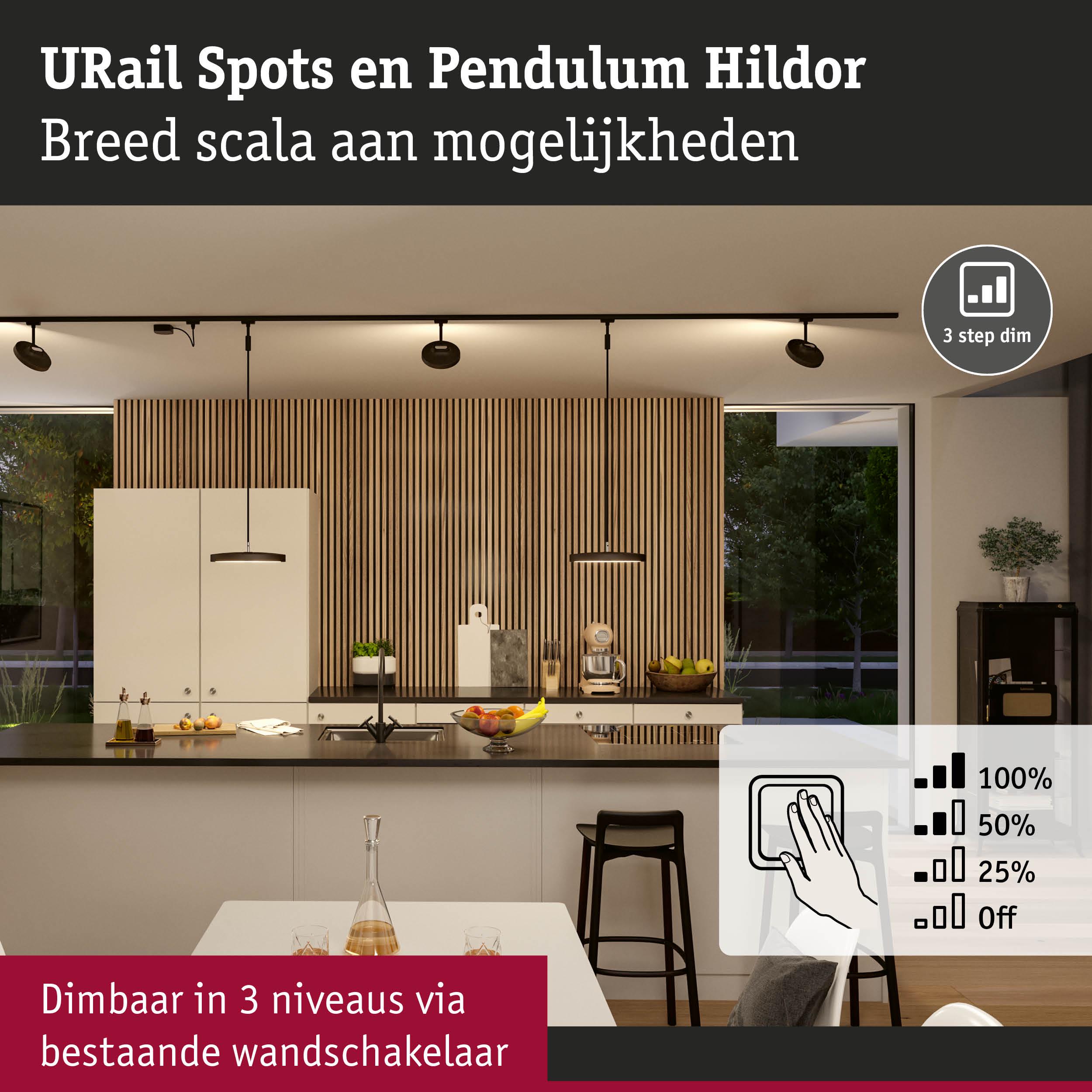 Moderne keuken met dimbare zwarte URail Spots en Pendulum Hildor lampen en houten lattenwand