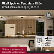 Moderne zwarte URail Spots en Pendulum Hildor plafondlampen in keuken met houten panelen