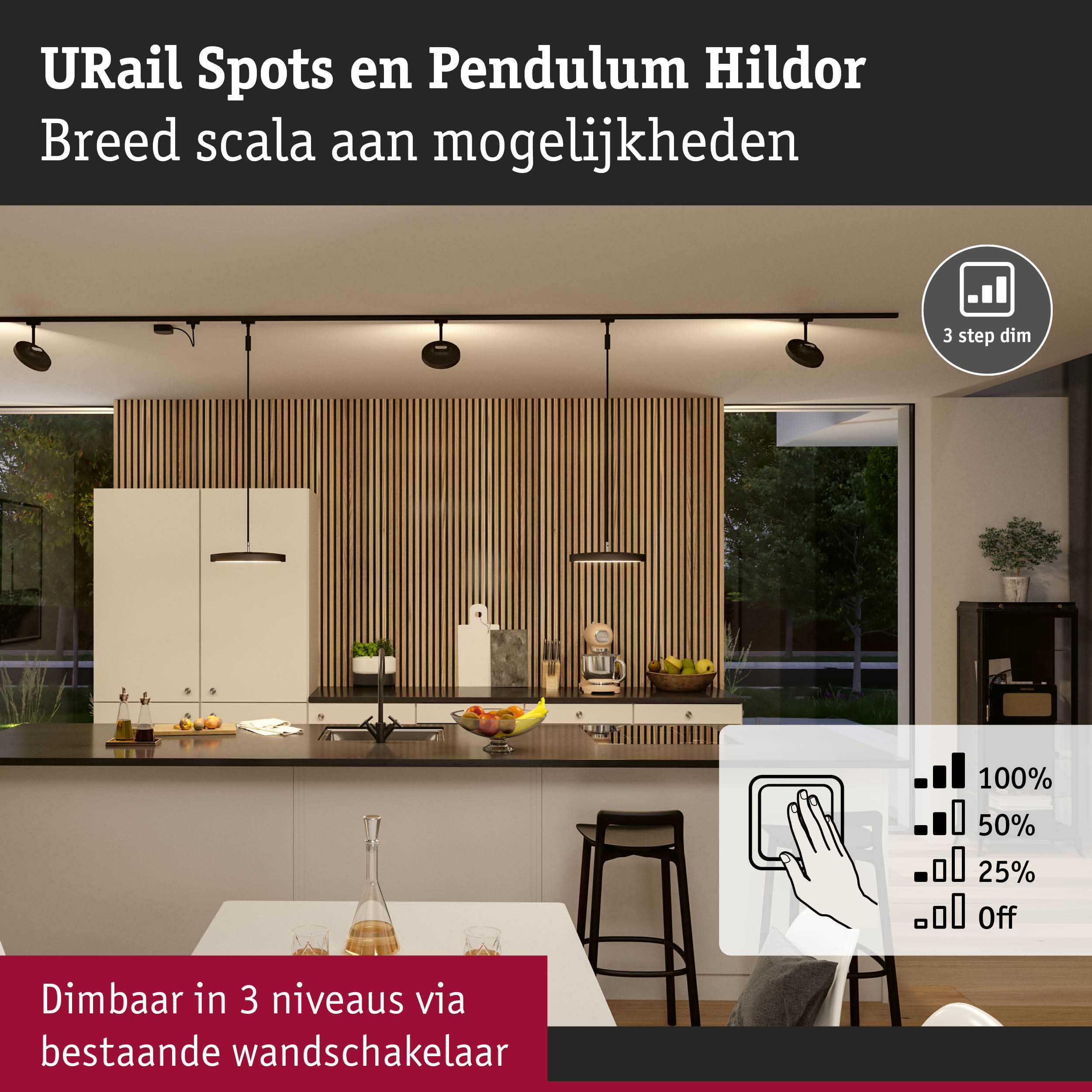 Moderne zwarte URail Spots en Pendulum Hildor plafondlampen in keuken met houten panelen