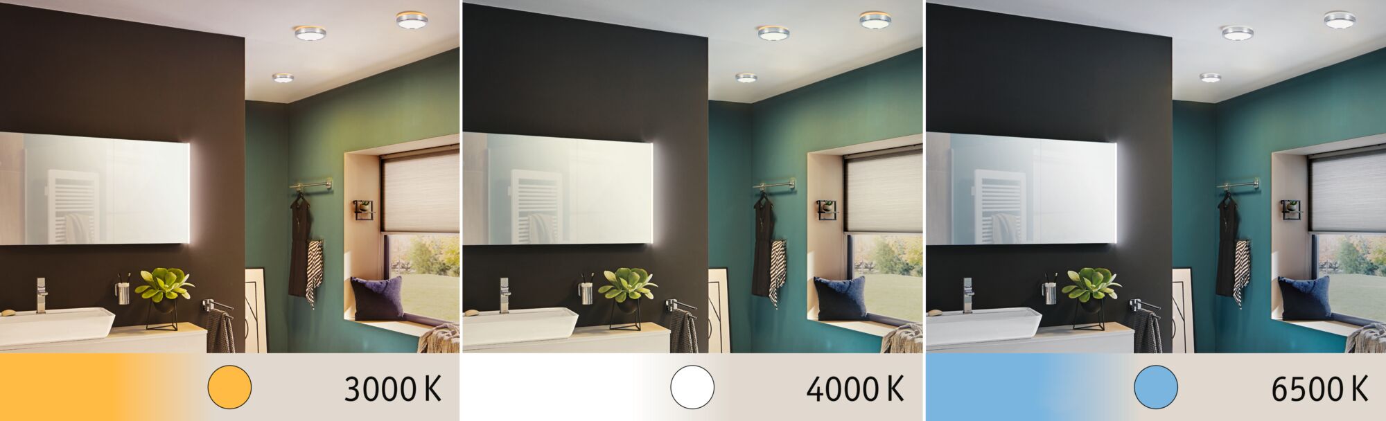 Three bathrooms with LED ceiling lights showing warm to cool light colors 3000K, 4000K, and 6500K for home lighting