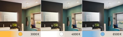 Three bathrooms with LED ceiling lights showing warm to cool light colors 3000K, 4000K, and 6500K for home lighting