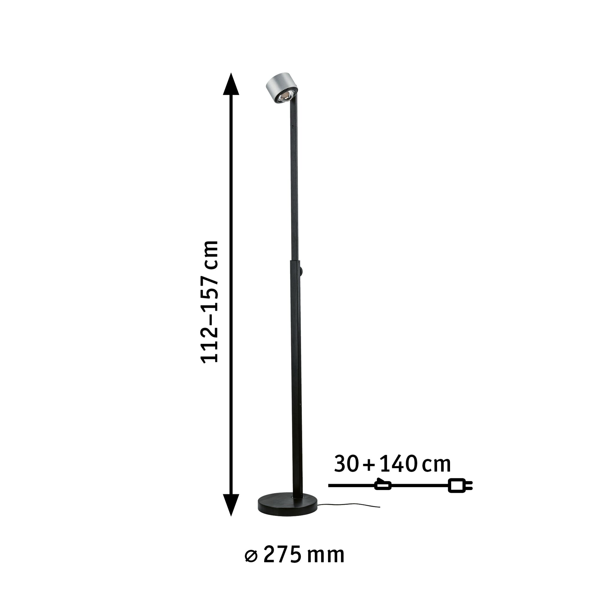 Black metal floor lamp with adjustable height 112-157 cm and 275 mm diameter base