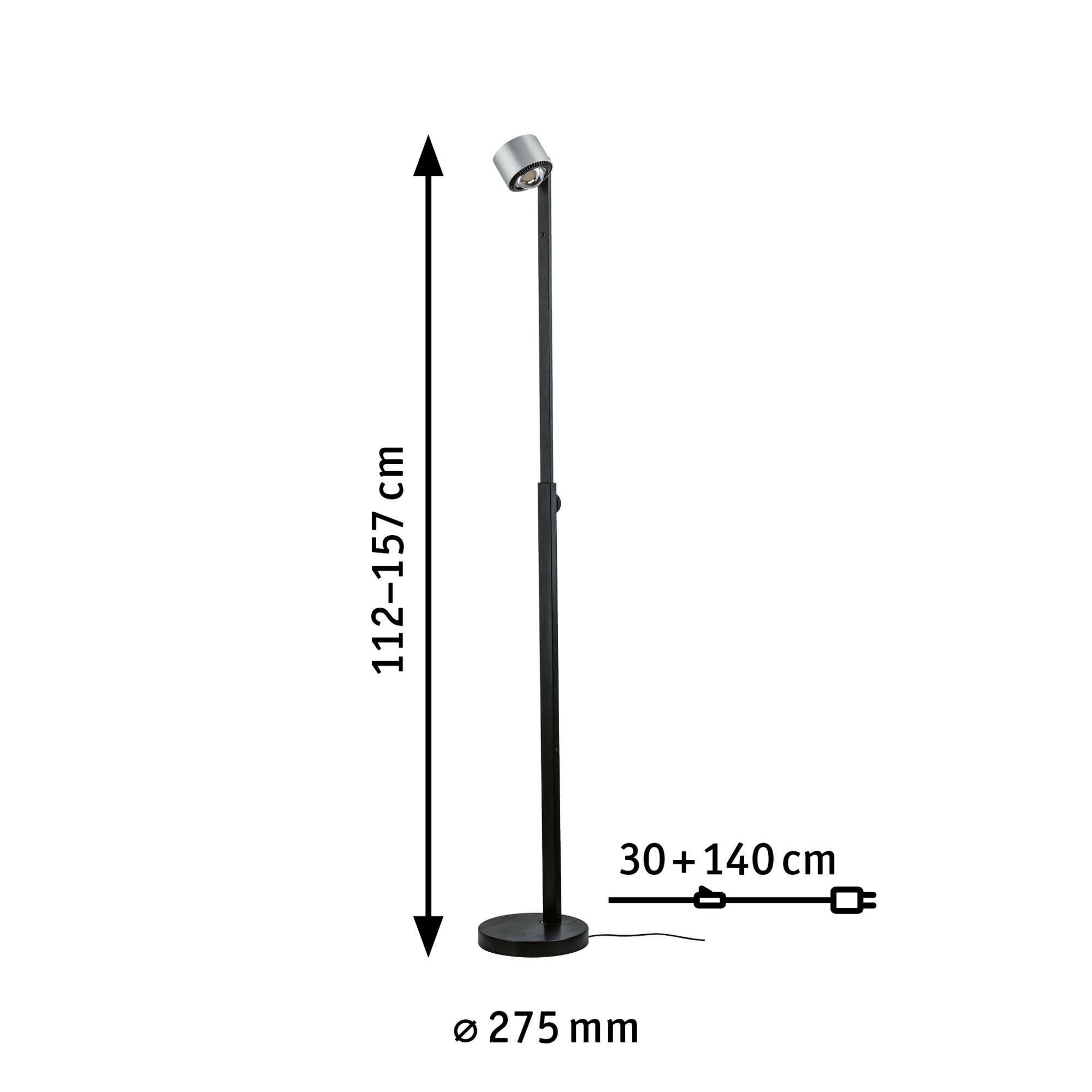 Modern black metal floor lamp with adjustable spotlight and 275 mm base diameter