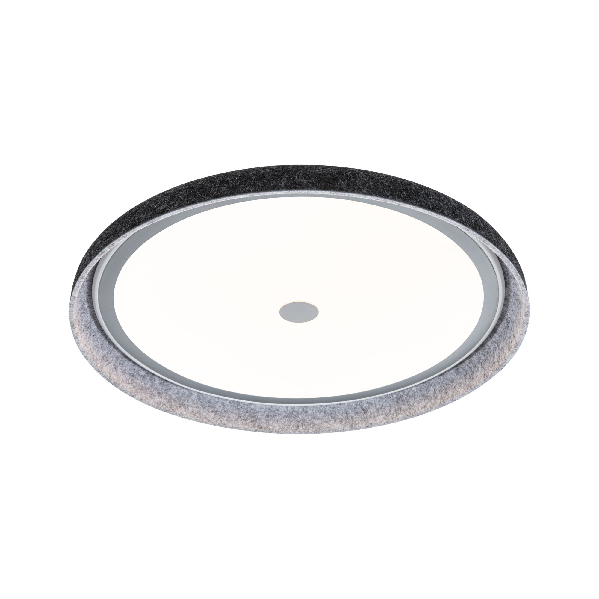 Round ceiling light with white diffuser and grey felt edge, modern LED room lighting