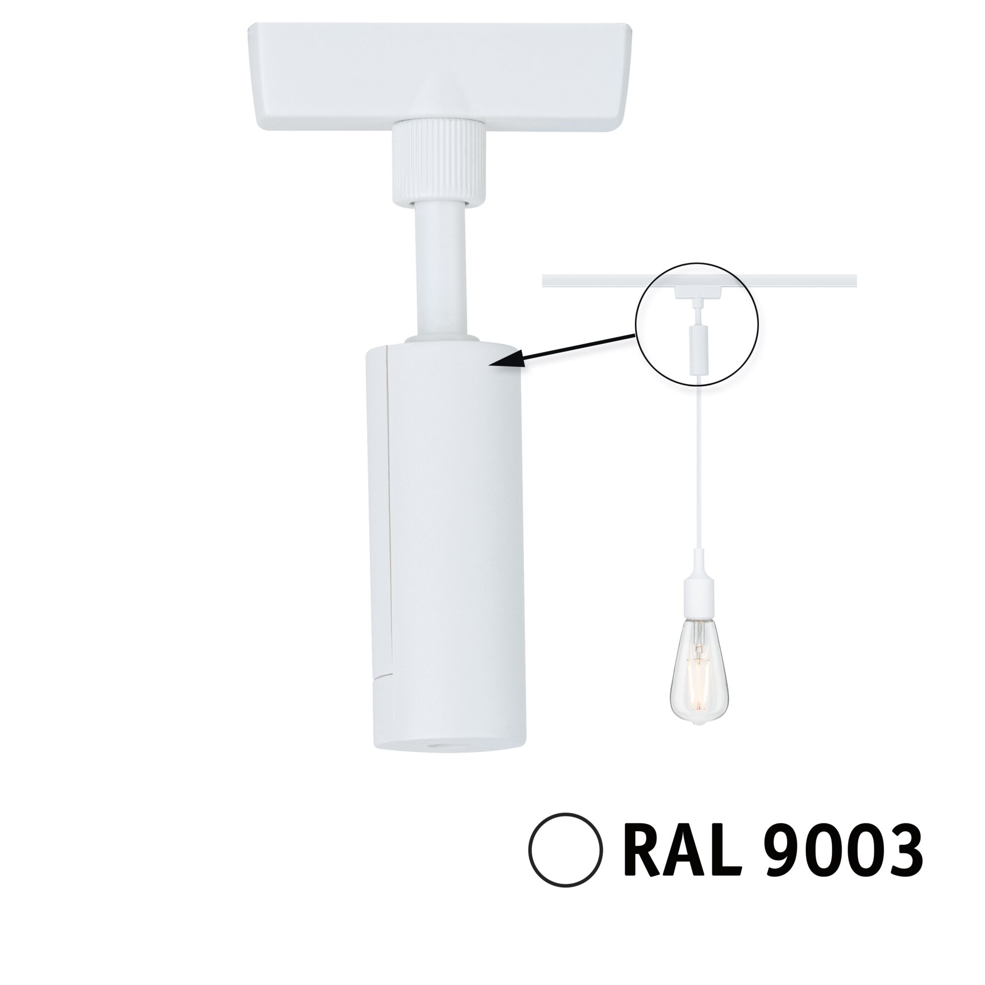 URail Pendeladapter Universal max. 50W 230V Signalweiß Weißer RAL 9003 Deckenadapter aus Kunststoff für LED-Schienenbeleuchtung mit Detailansicht