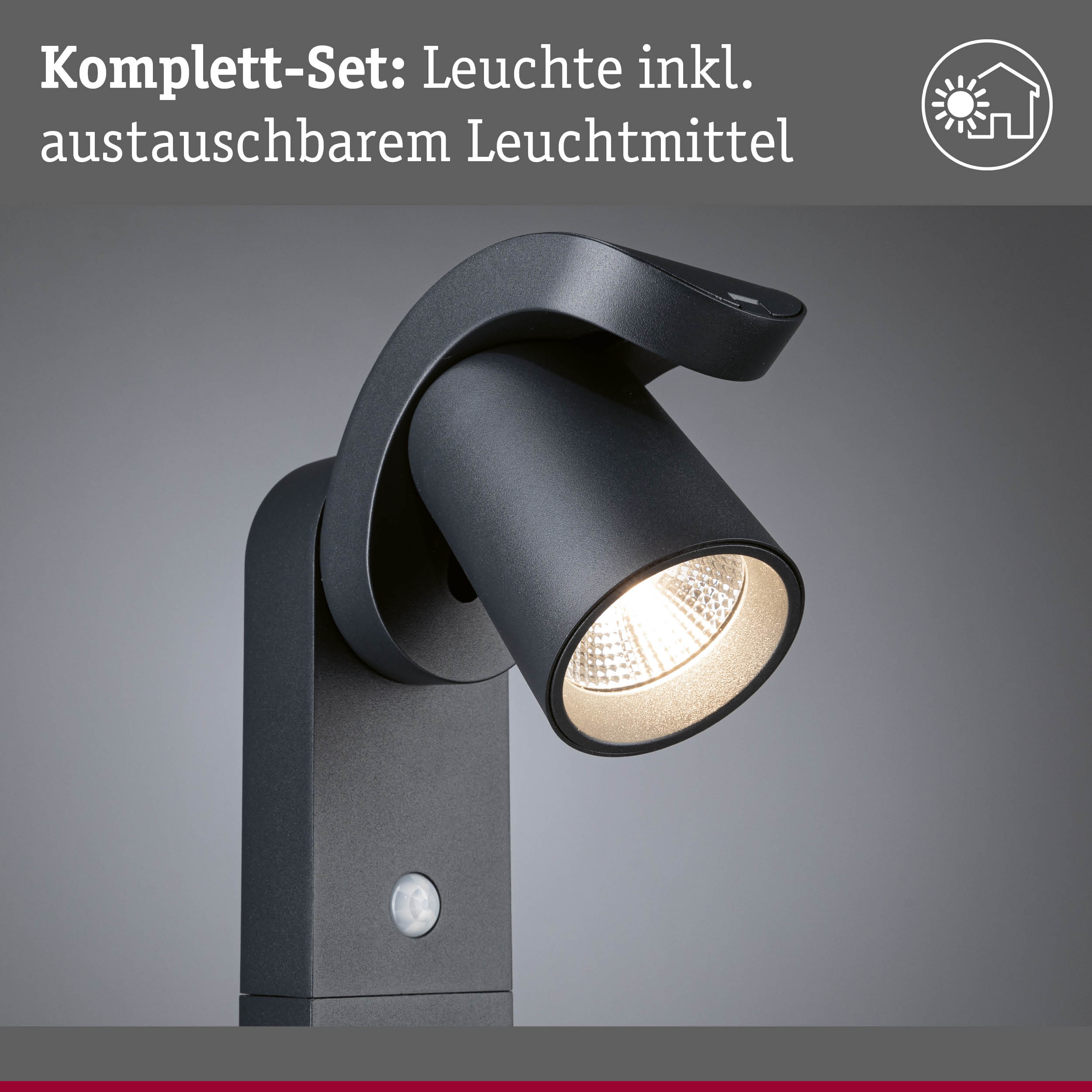 Schwarze Außenwandleuchte mit austauschbarem Leuchtmittel und Bewegungsmelder für Gartenbeleuchtung