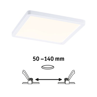 White square LED ceiling panel with adjustable spacing from 50 to 140 mm for modern lighting solutions.