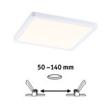 White square LED ceiling panel with adjustable spacing from 50 to 140 mm for modern lighting solutions.