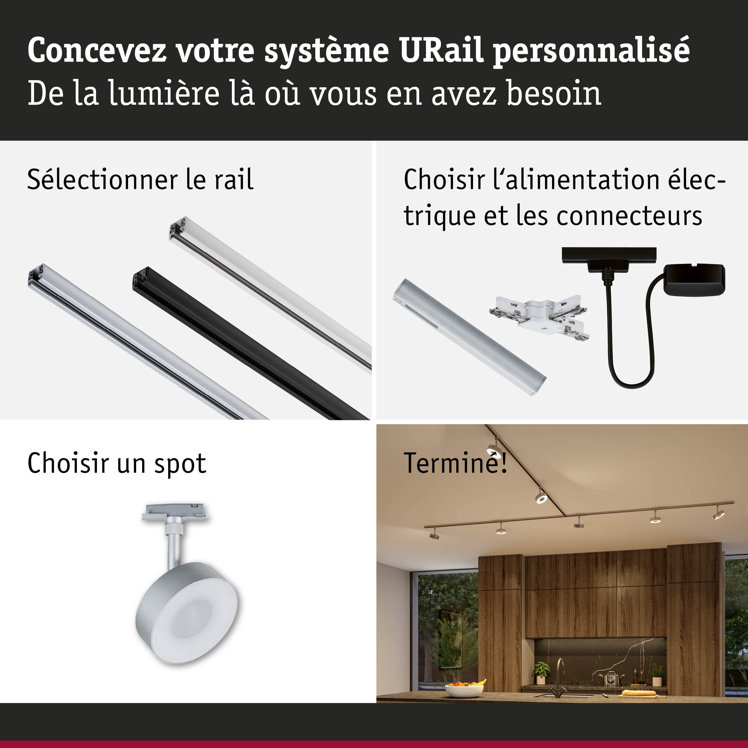 Système de rail URail modulaire en aluminium noir et blanc pour éclairage LED personnalisé