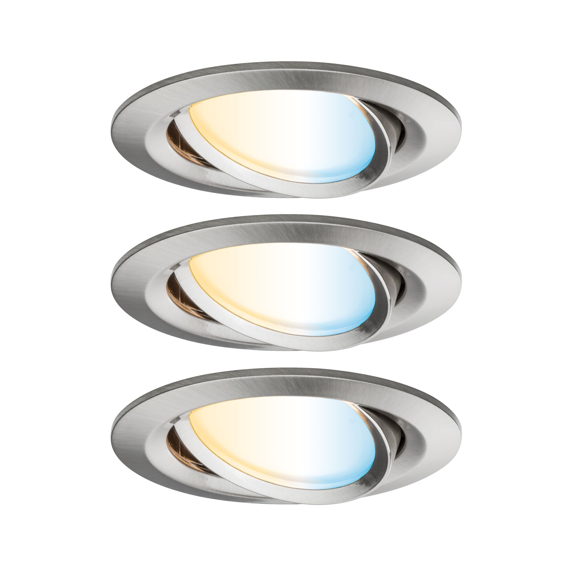 Drie ronde inbouwspots van geborsteld roestvrij staal met instelbaar warm en koel wit licht