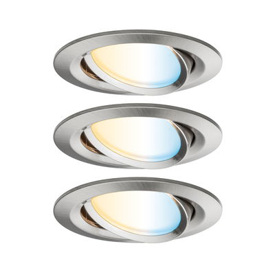 Drie ronde inbouwspots van geborsteld roestvrij staal met instelbaar warm en koel wit licht