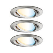 Drei runde Einbaustrahler aus gebürstetem Edelstahl mit einstellbarem warmweißem und kaltweißem Licht