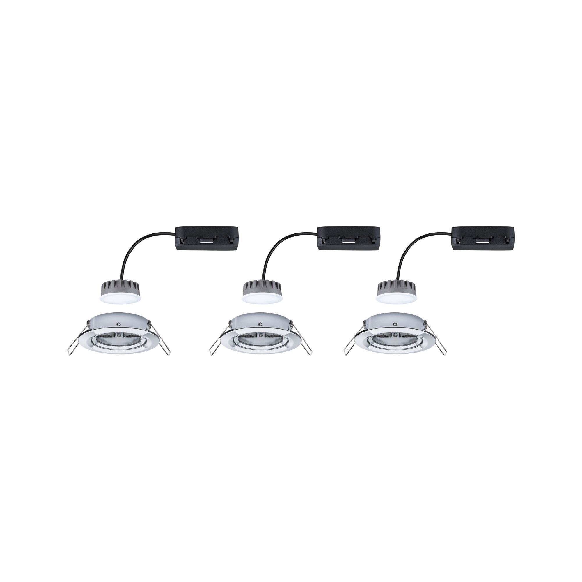 Drei weiße LED-Einbaustrahler mit schwarzem Anschlusskabel und silbernem Rahmen für moderne Innenbeleuchtung