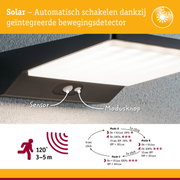 Zwarte solar buitenlamp met bewegingssensor en modusknop voor automatische bediening