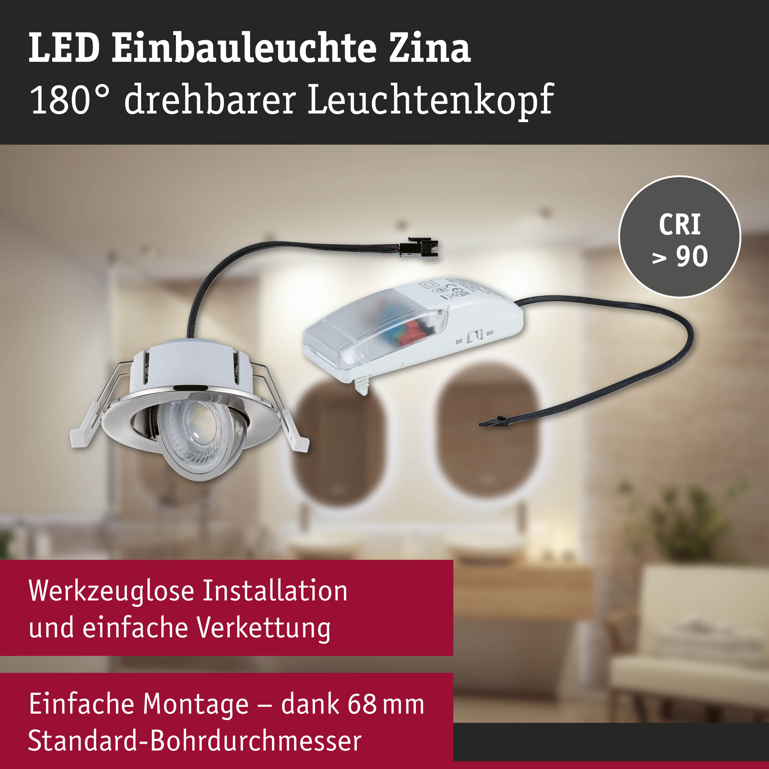 LED Einbauleuchte Zina in Weiß mit 180° drehbarem Leuchtenkopf und CRI über 90 für Wohnräume