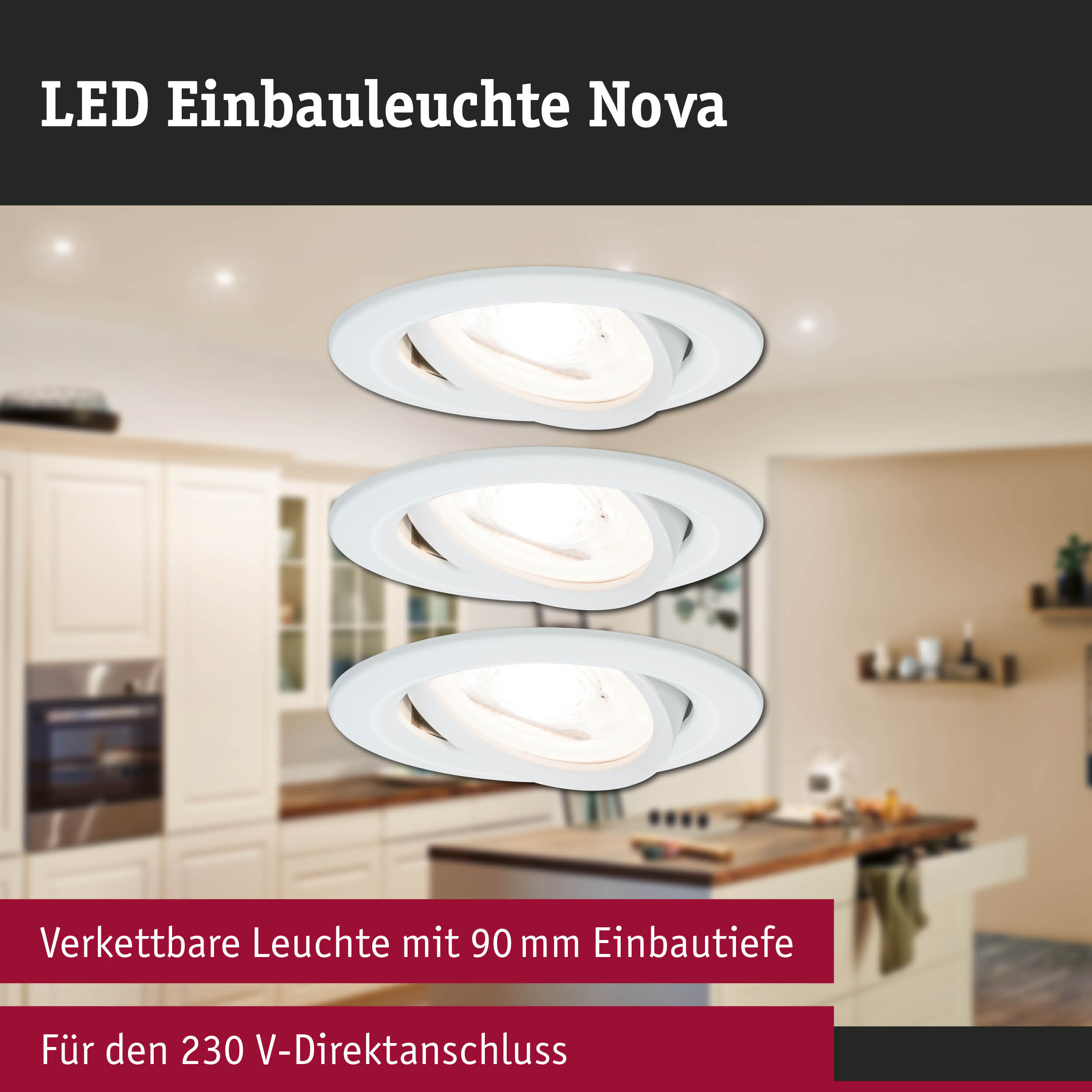 Weiße LED Einbauleuchte Nova mit schwenkbarem Spot in moderner Küche, energiesparende Deckenbeleuchtung
