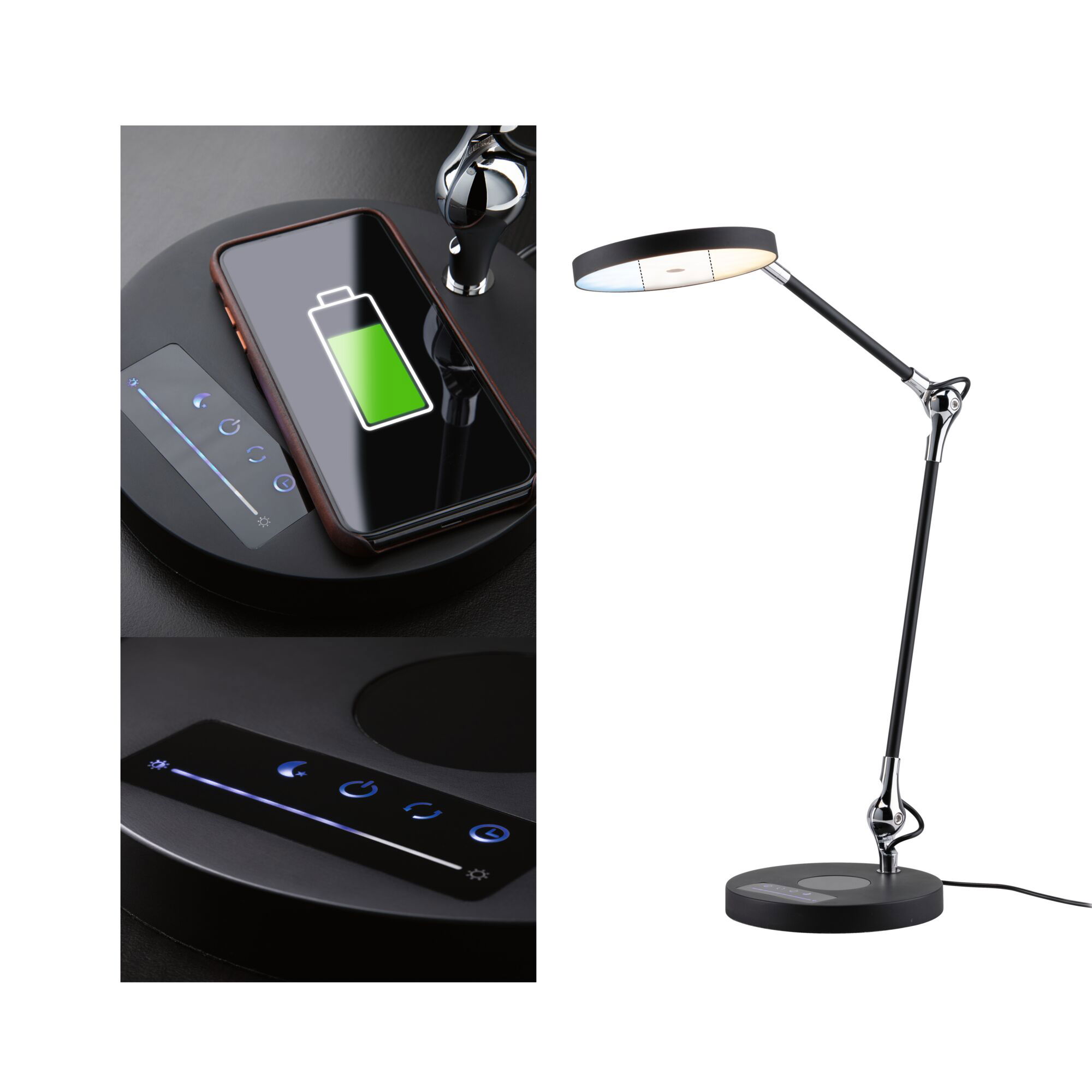 Moderne schwarze LED-Schreibtischlampe mit Touch-Bedienfeld und kabellosem Ladegerät für Smartphones
