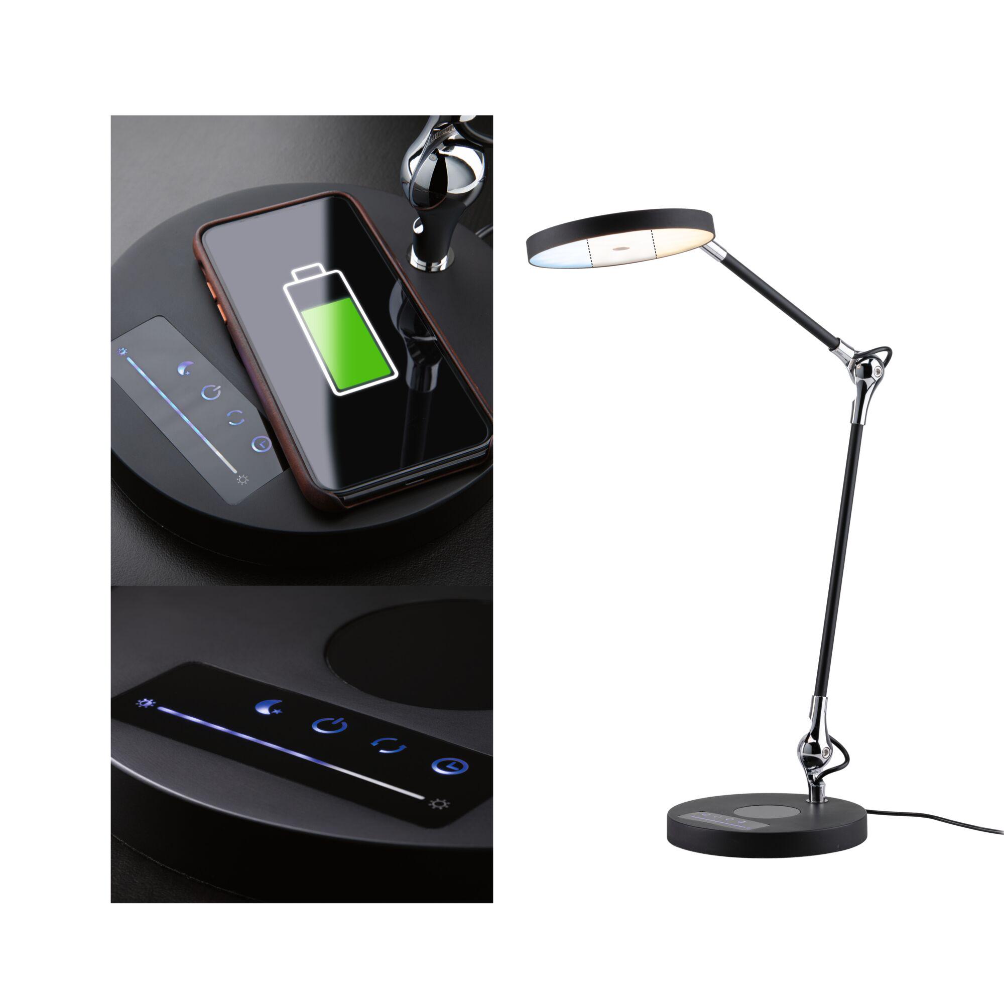 LED-bureaulamp Numis QI White Switch 1000lm 11W Zwart Zwarte LED-bureaulamp met touchbediening en draadloze smartphone-oplader van metaal