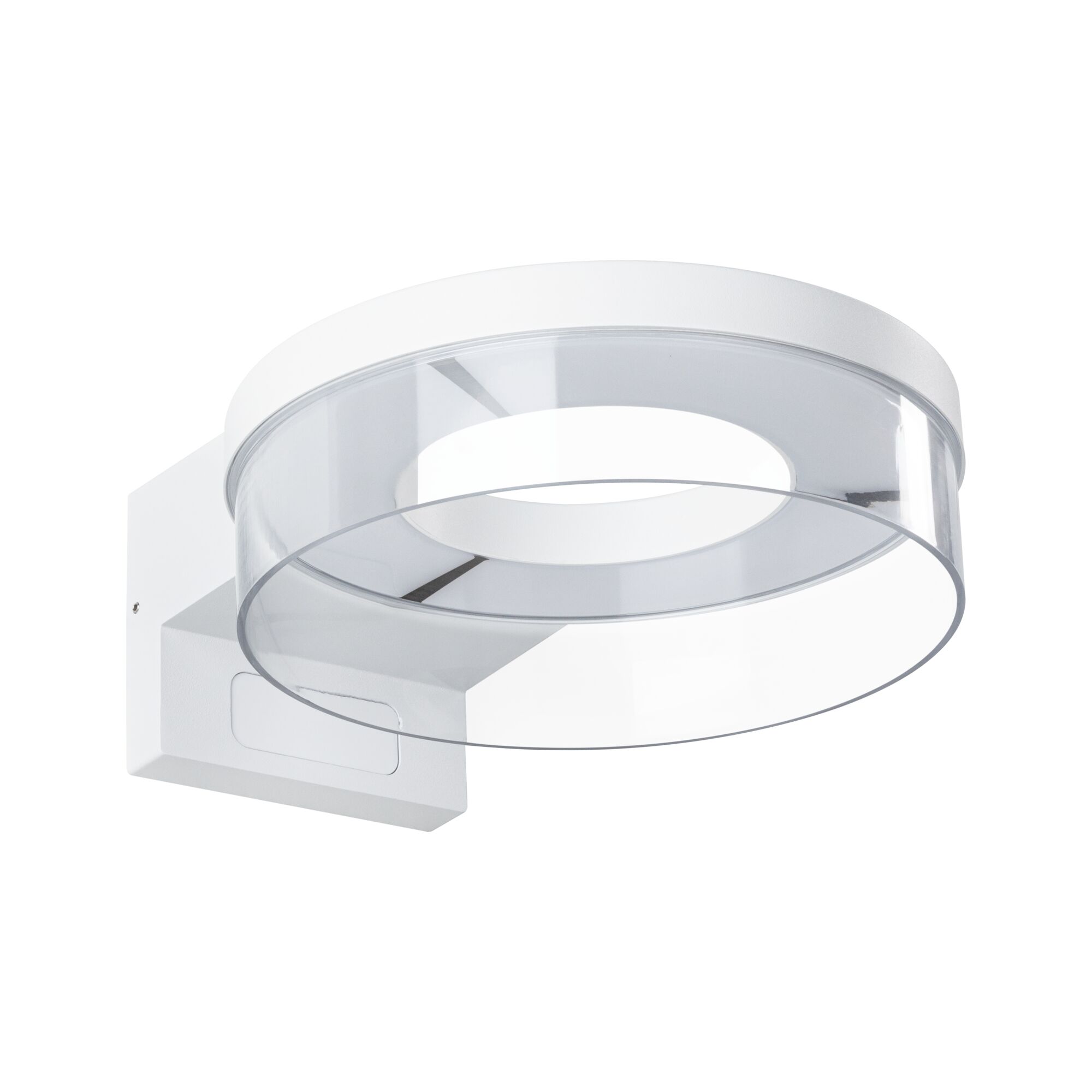 Moderne witte wandspot met transparante acrylring voor stijlvolle LED-verlichting.