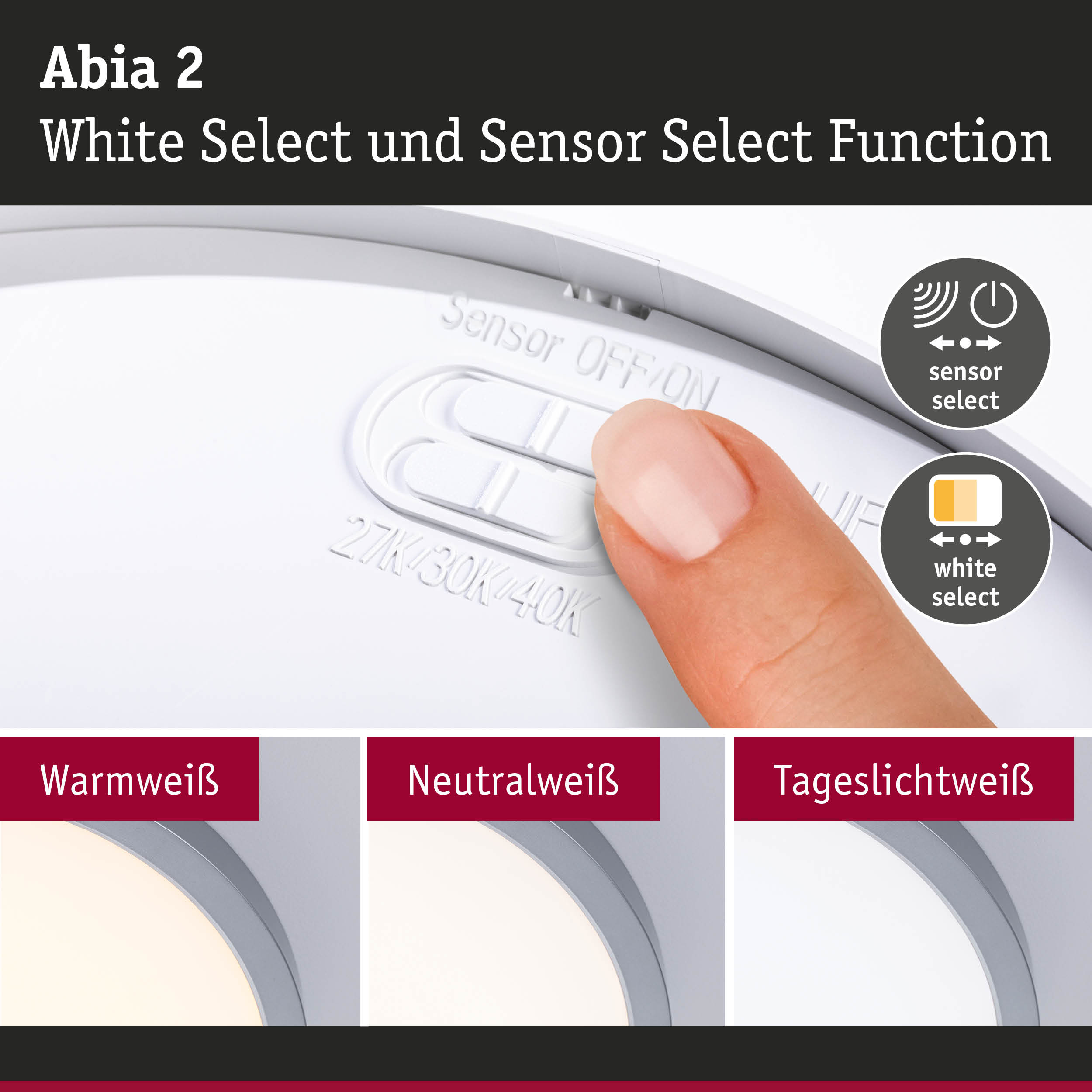 Abia 2 LED-Deckenleuchte in Weiß mit Sensor- und White Select-Funktion für einstellbare Lichtfarben