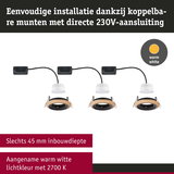 Drie LED inbouwspots met houten ring en 230V directe aansluiting in warm wit 2700K