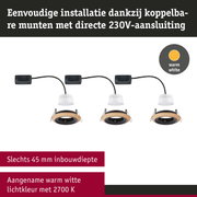 Drie inbouwspots met houten ring en zwarte inzet, warm wit LED-licht, 230V aansluiting