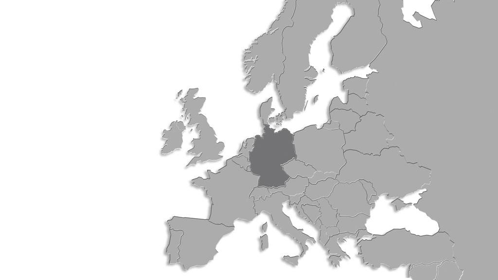 Grayscale map of Europe highlighting Germany, indicating central location for lighting products.