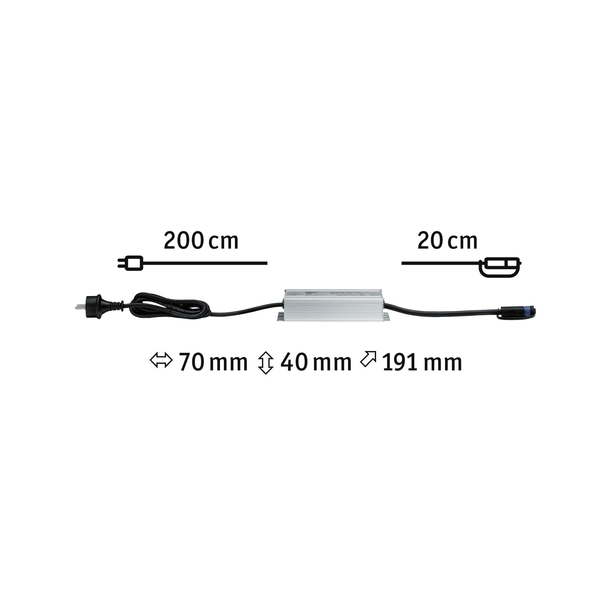 Aluminum transformer with black cable, 200 cm input, 20 cm output cable, dimensions 191x70x40 mm