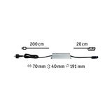 Aluminum transformer with black cable, 200 cm input, 20 cm output cable, dimensions 191x70x40 mm