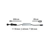 Aluminium-Trafo mit schwarzem Kabel, 200 cm Zuleitung, 20 cm Ausgang, Maße 191x70x40 mm