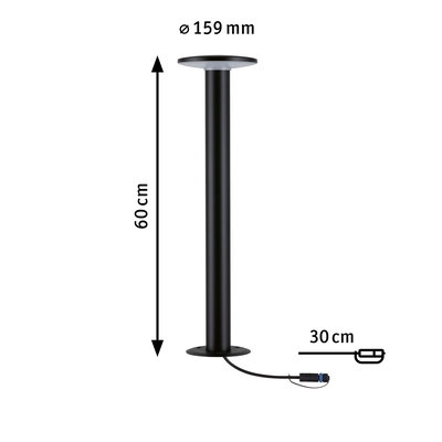 Schwarze Metall-Deckenstütze mit 60 cm Höhe und 159 mm Durchmesser, Kabel 30 cm lang