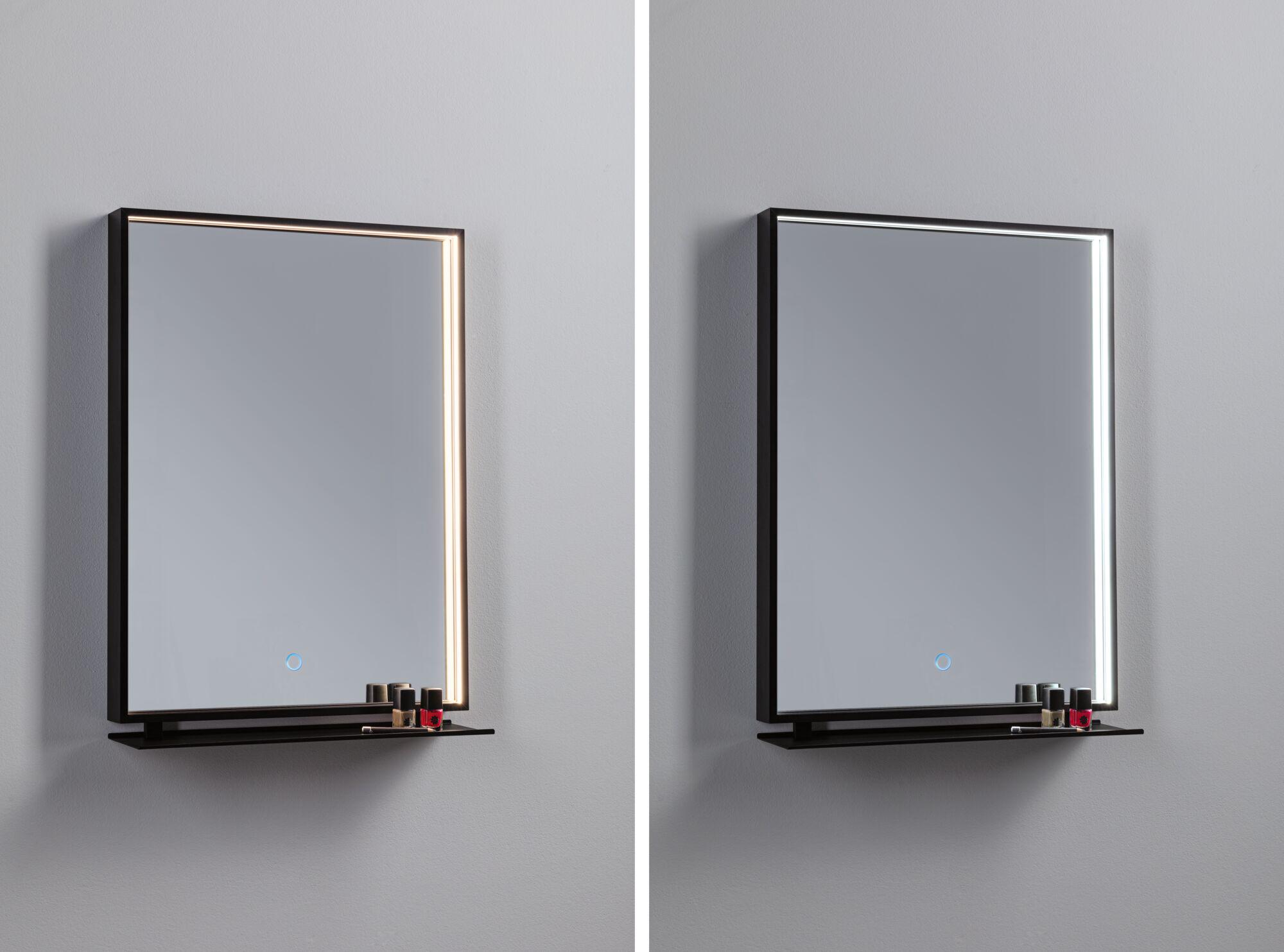 Modern rectangular wall mirror with black frame and LED lighting in warm white and cool white.