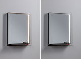 Modern rectangular wall mirror with black frame and LED lighting in warm white and cool white.