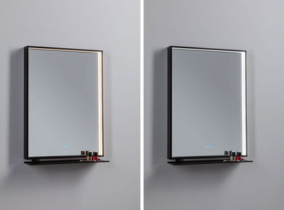 Modern rectangular wall mirror with black frame and LED lighting in warm white and cool white.