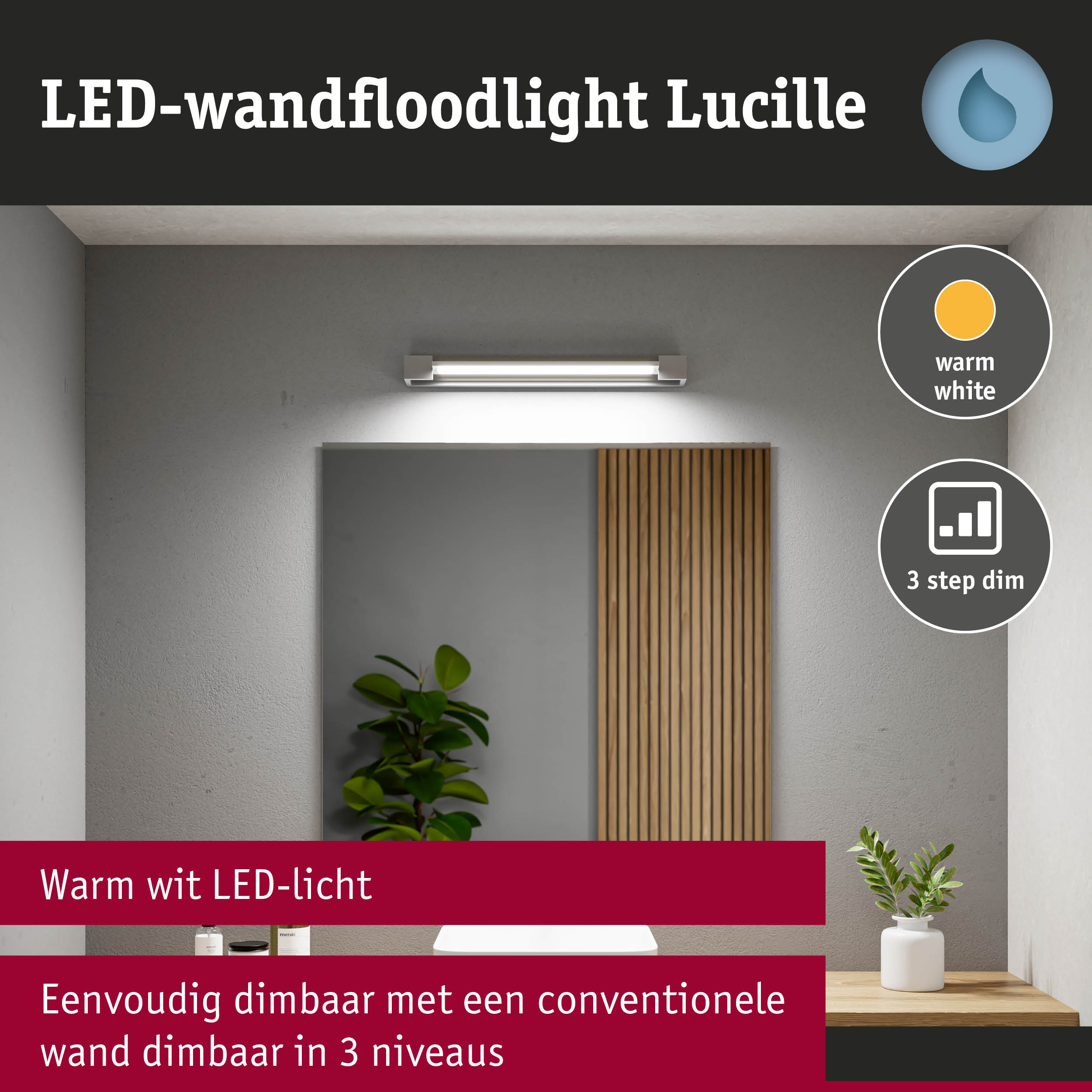LED-wandflitser Lucille met warm wit licht en 3-staps dimfunctie voor badkamerverlichting