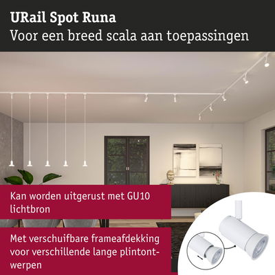 Witte URail Spot Runa met verschuifbare frameafdekking voor GU10 lichtbron in moderne woonkamer