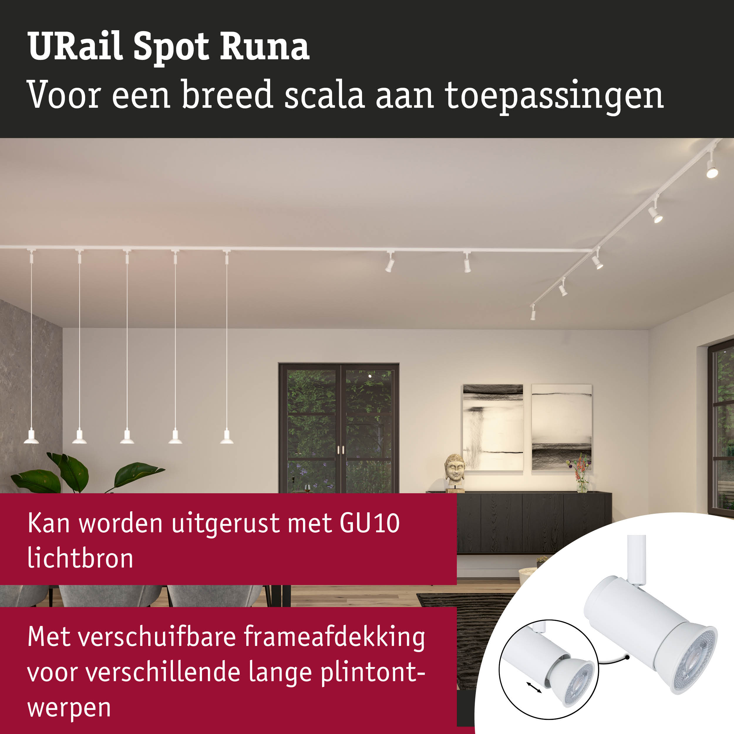 Witte URail Spot Runa spot met GU10 fitting voor flexibele verlichting in moderne woonruimte