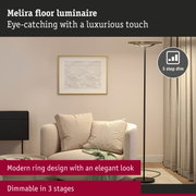 Melira floor lamp with modern black and gold ring design, dimmable in 3 stages for living room lighting
