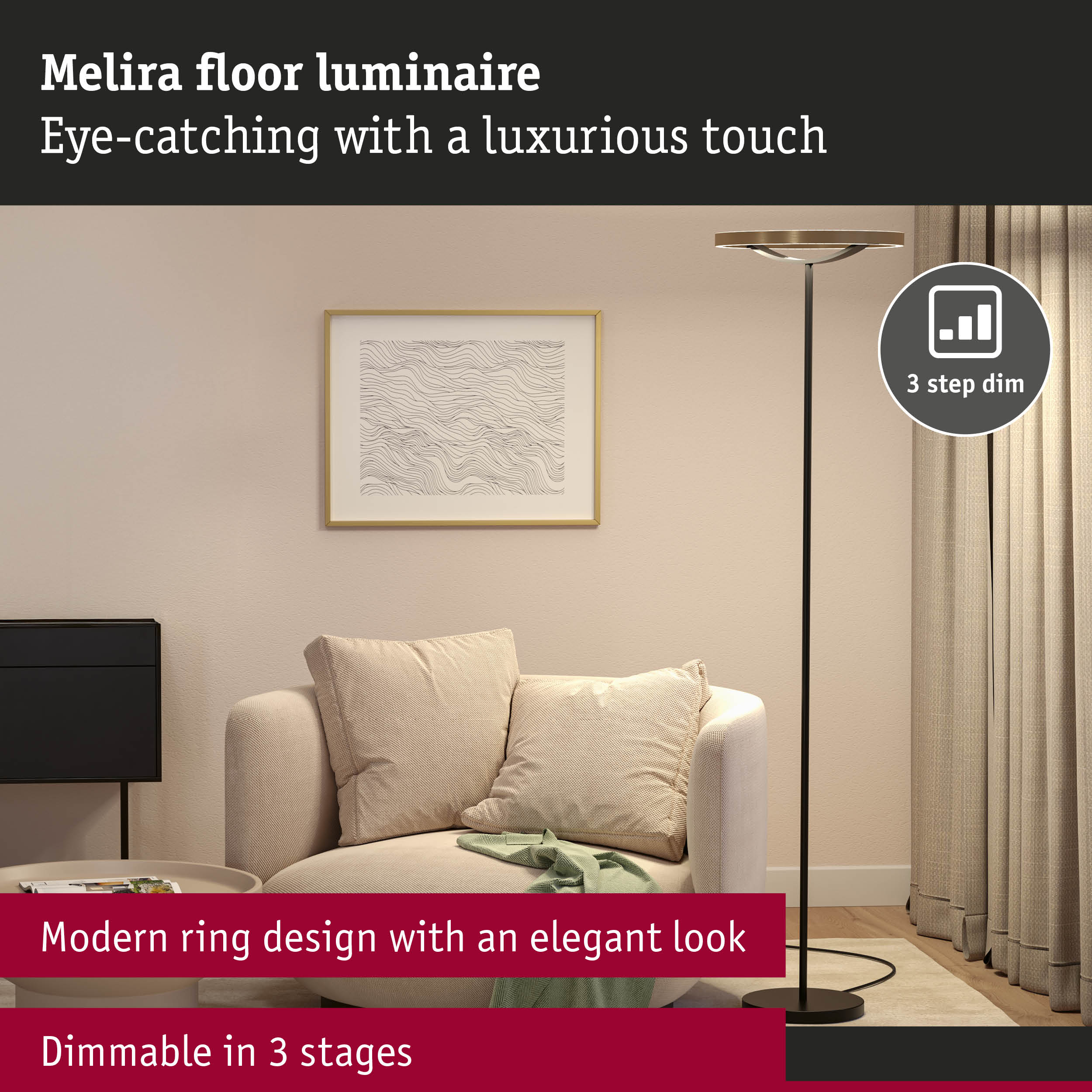 Melira floor lamp with modern black and gold ring design, dimmable in 3 stages for living room lighting
