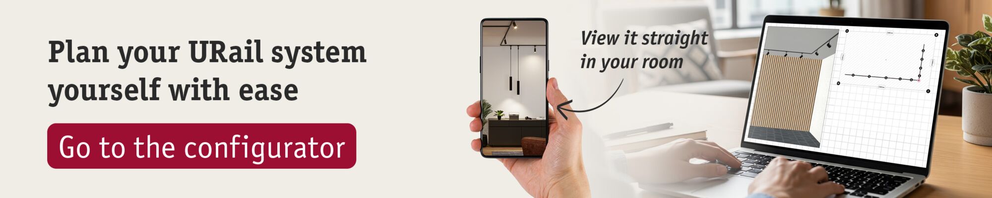 Person designing URail lighting system using laptop configurator and viewing it in room via smartphone