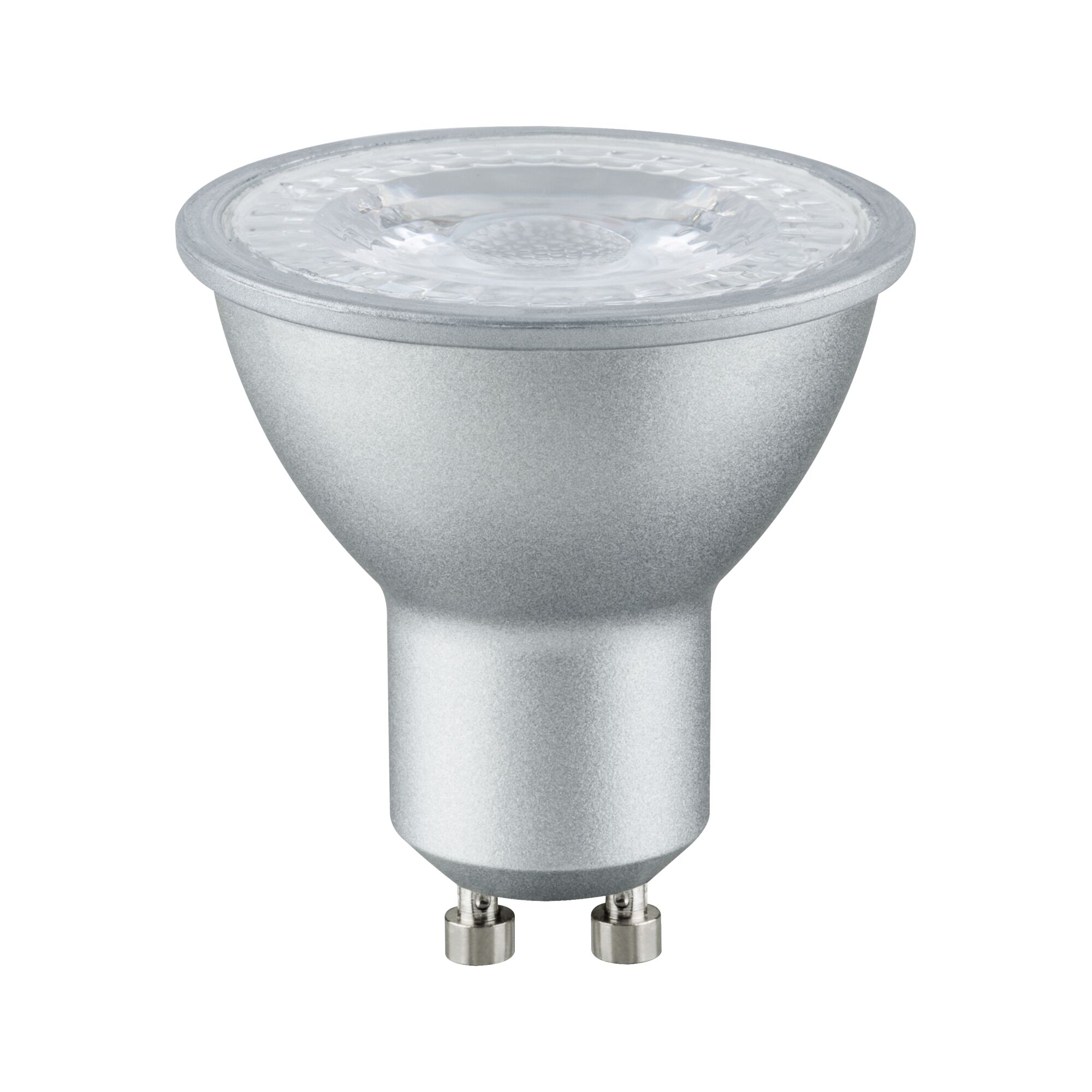Silver LED spotlight with GU10 base made of aluminum for energy-efficient lighting