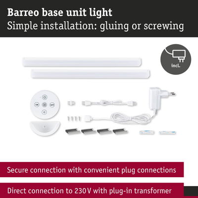 Barreo base unit light with white plastic housing and remote control, LED light strip with plug connections