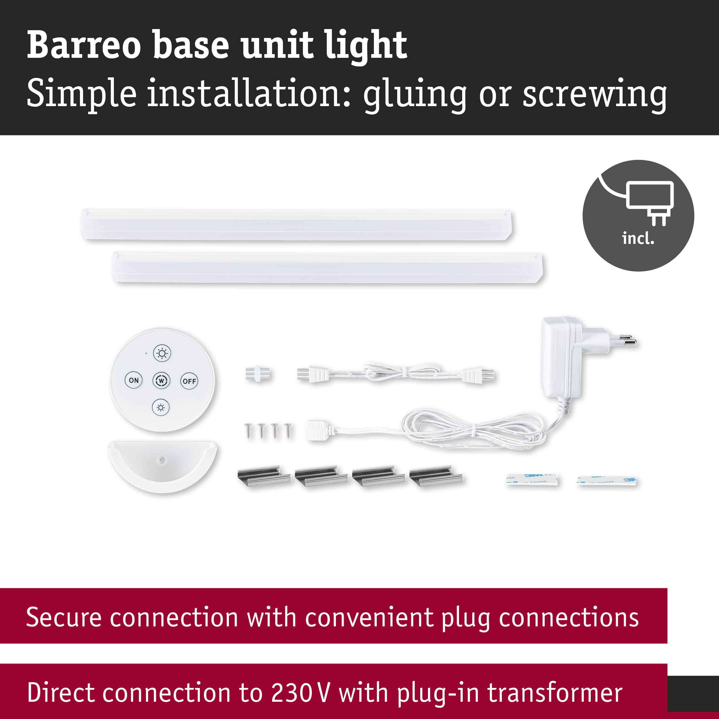White Barreo base unit light with remote, plug-in transformer and mounting accessories for LED lighting