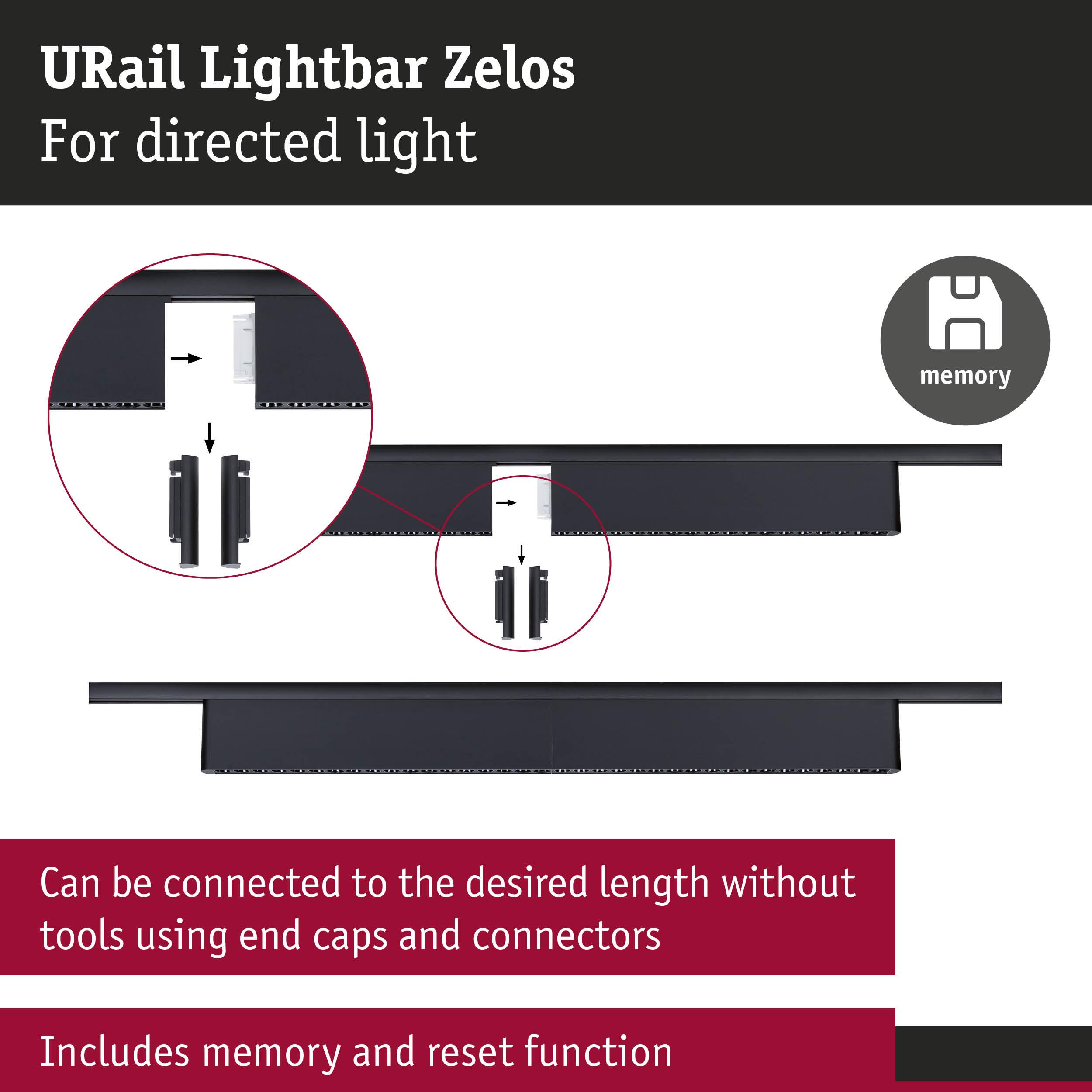 Black URail Lightbar Zelos metal track light with memory and reset function for directed lighting