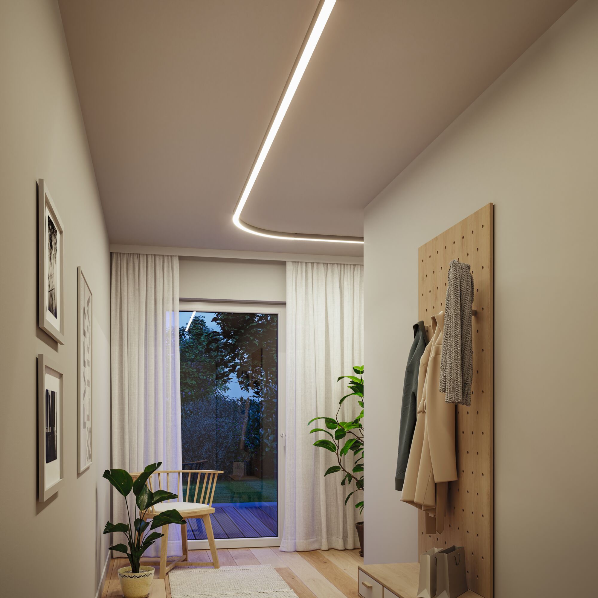 Modern hallway with wooden panel coat rack, LED ceiling light, and natural decor for home lighting design.