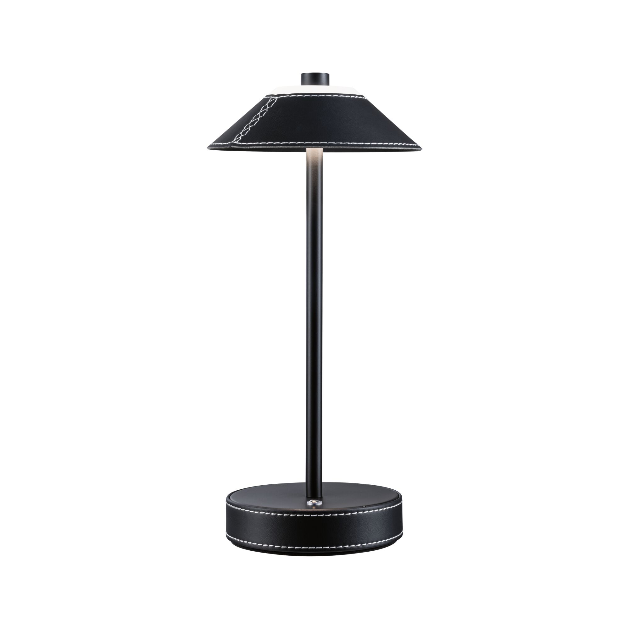 Modern black table lamp with leather cover and white stitching, minimalist design for living spaces