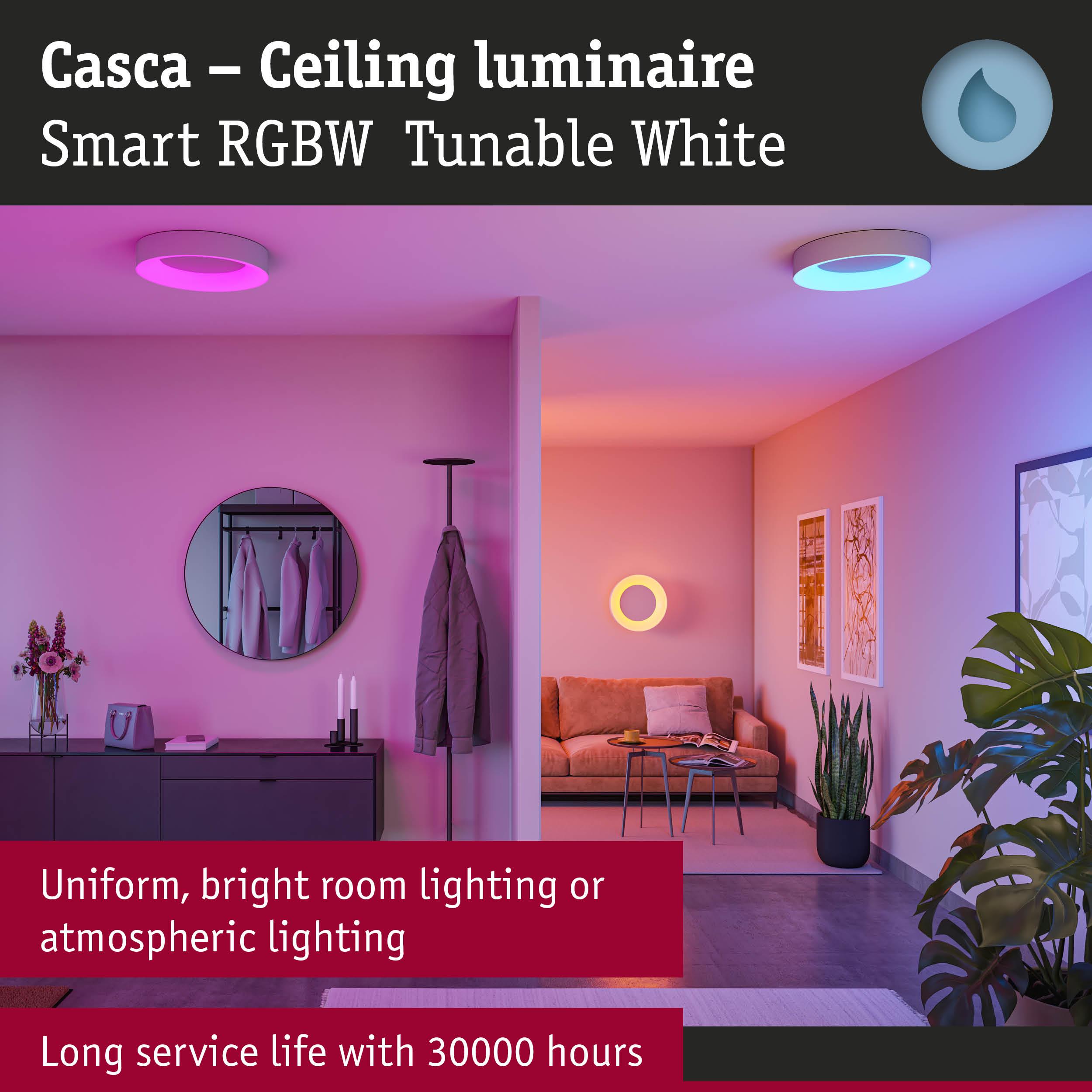 Casca white ceiling luminaire with smart RGBW light for bright and atmospheric room lighting