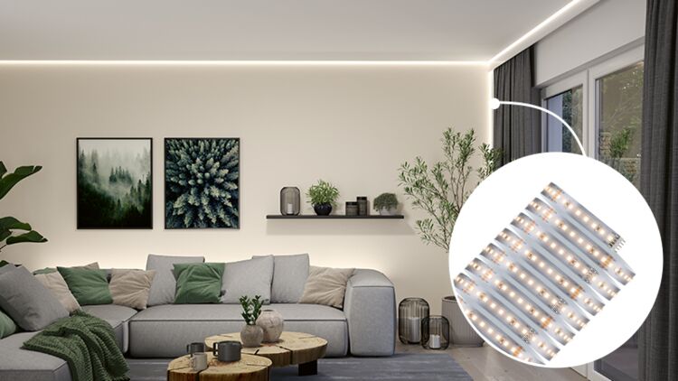 Modern living room with warm white LED strip lighting, energy-efficient LED light strip for home decor.