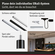 Modulares URail-Schienensystem mit schwarzen und weißen Schienen, Steckern und Pendelleuchten für flexible Beleuchtung