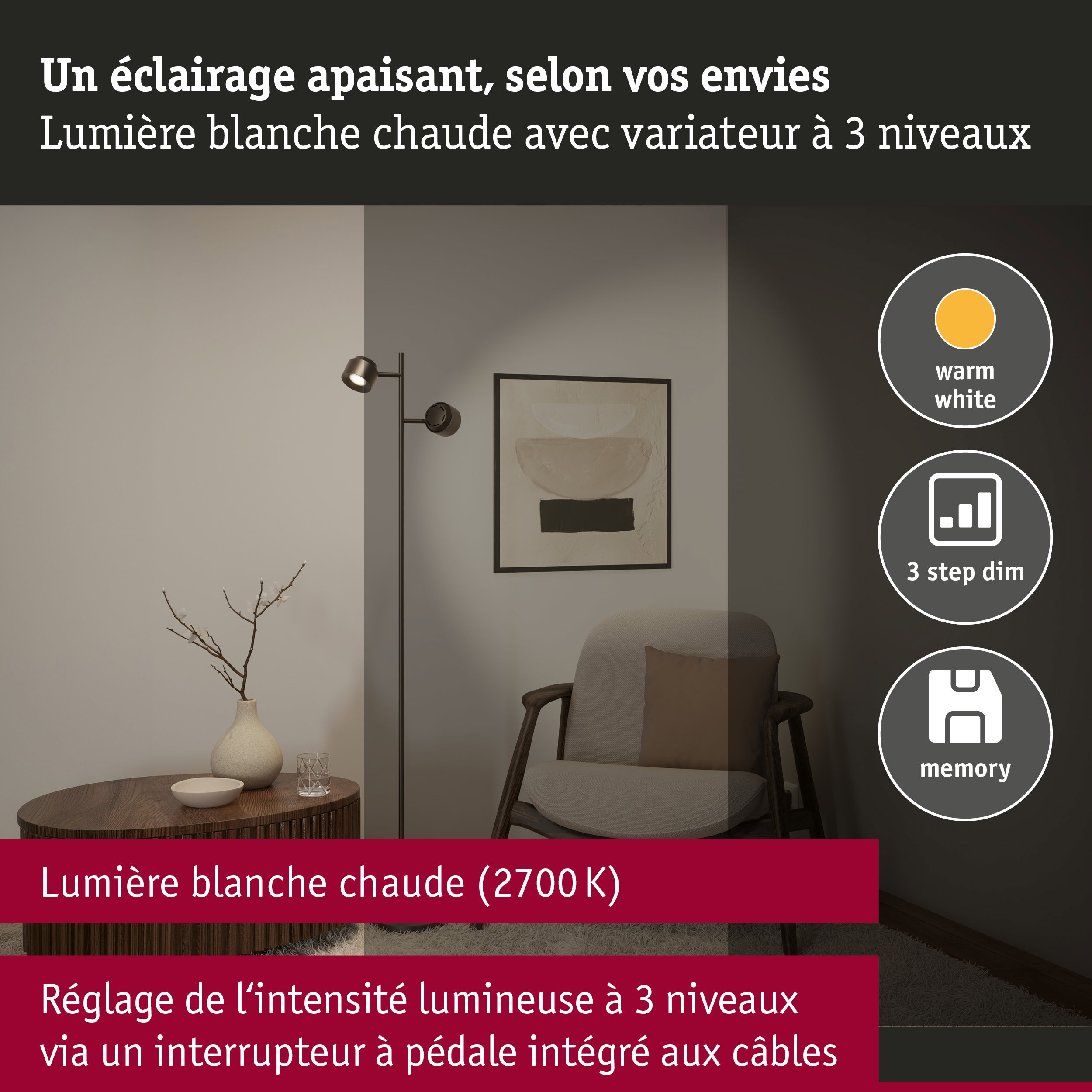 Lampadaire LED Pane 2700K 2x315lm 2x2,2W Titanium